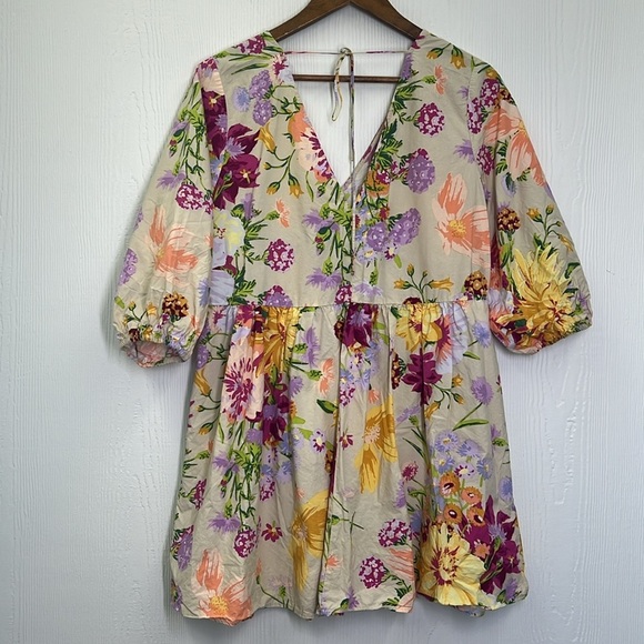 H&M -  Bright Floral Colorful  Deep V Neck Tie Back Mini Dress Size Medium - Picture 10 of 11